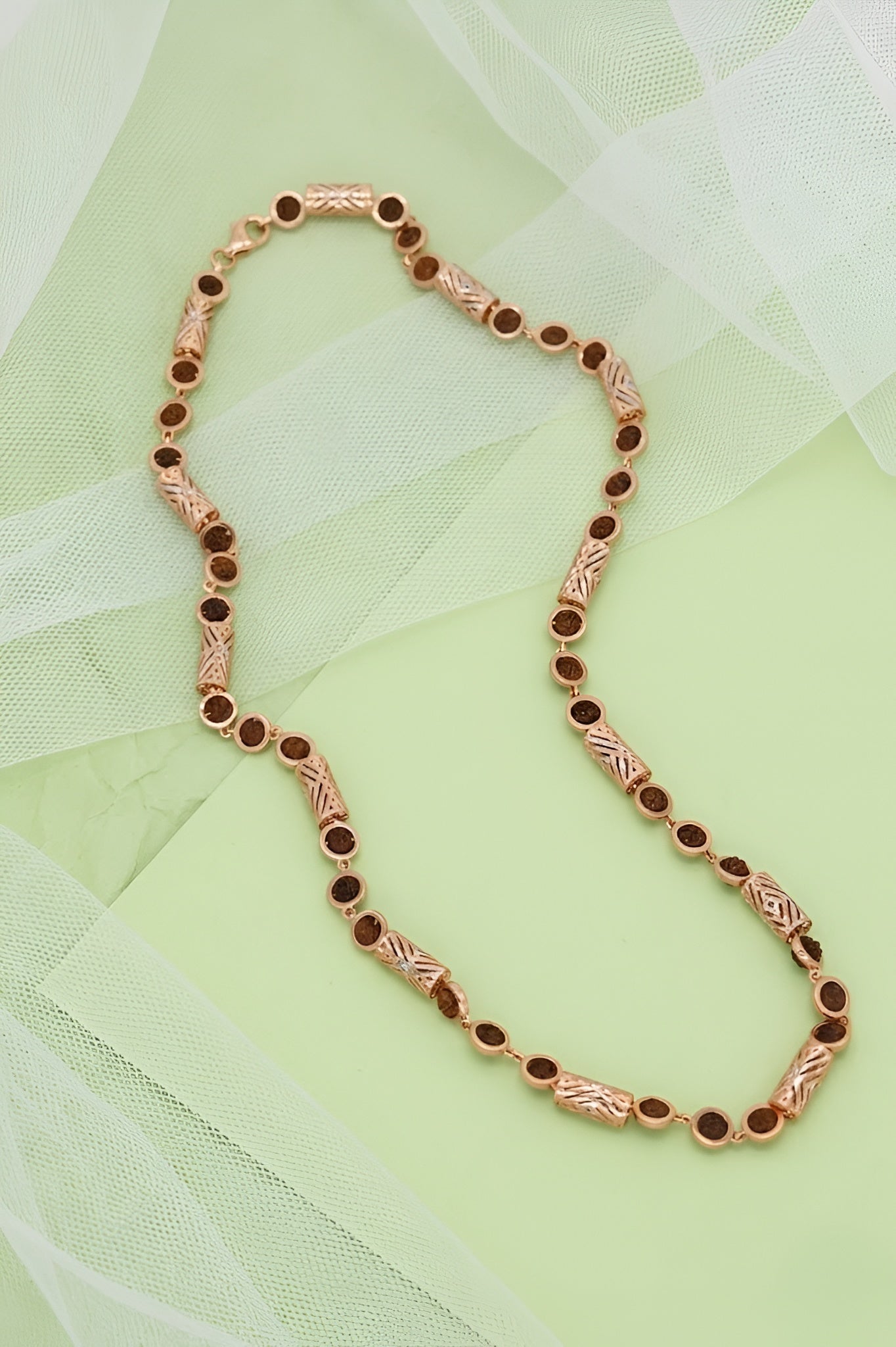 Exquisite Rose Gold Rudraksha Necklace with Intricate Filigree Cylinders