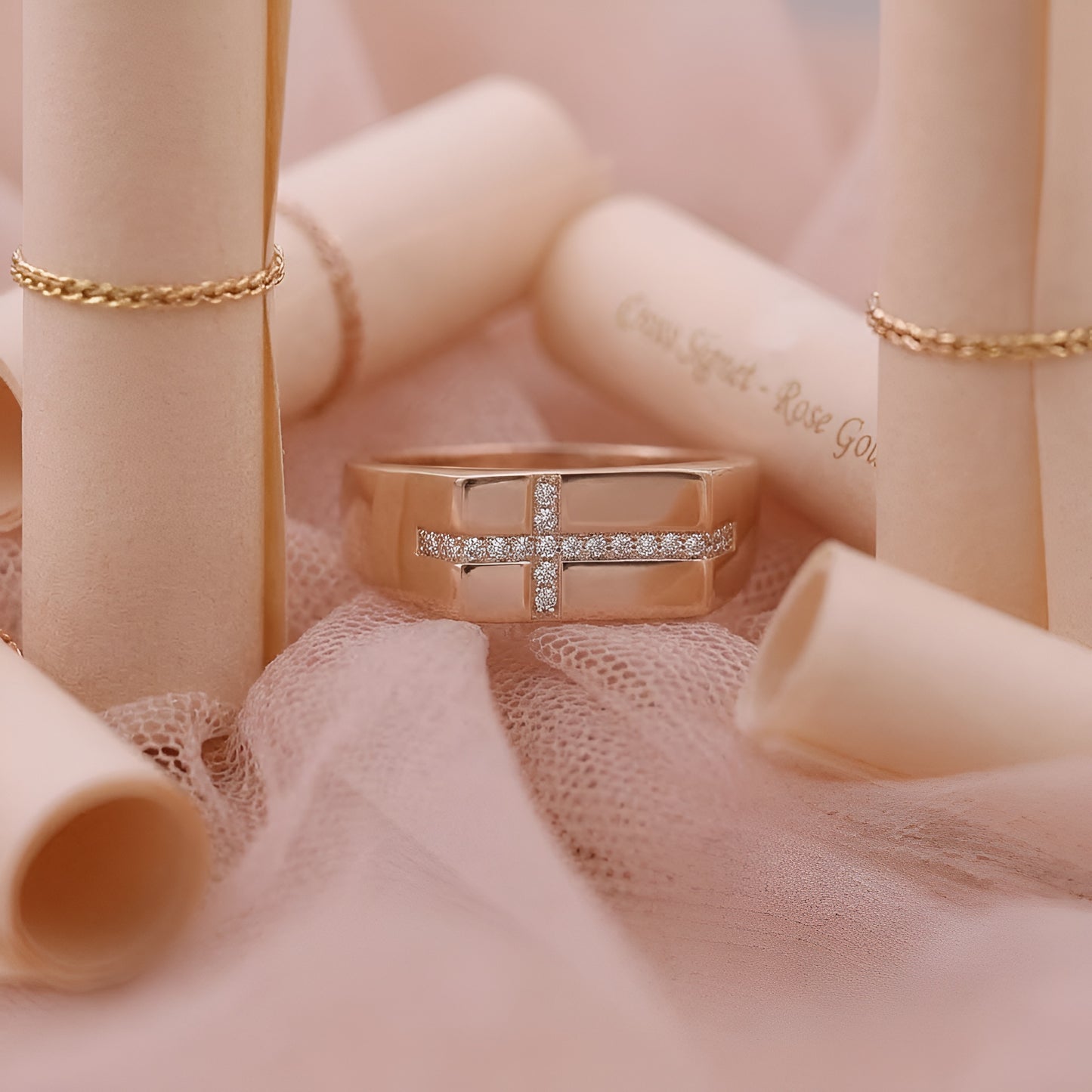 Stunning Rose Gold Cross Band Men Ring with Moissanite Diamonds