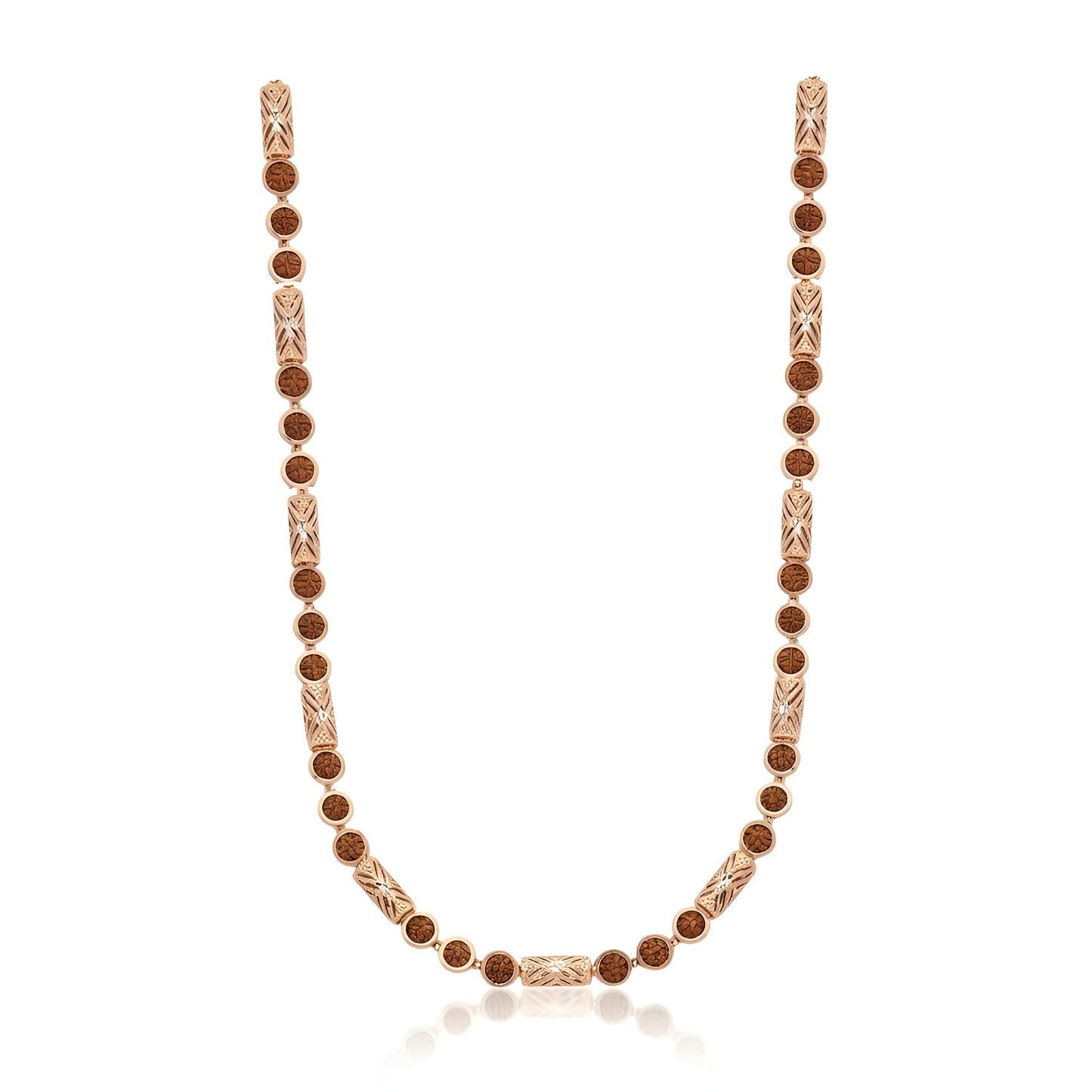 Exquisite Rose Gold Rudraksha Necklace with Intricate Filigree Cylinders